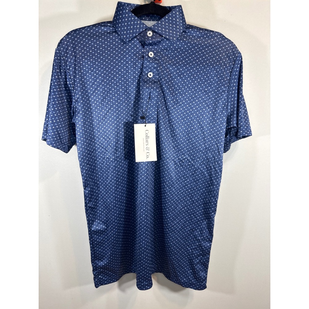 Collars & Co Mens Blue Geometric‎ Dress Collar Polo Shirt Small Performance NWT